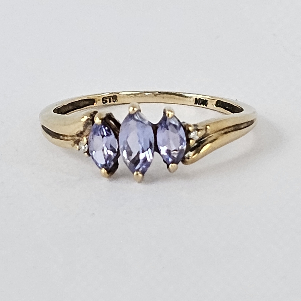 Solid 10K Gold Marquise Cut Genuine Tanzanite & Diamond Ring Size 7 - Picture 6 of 17